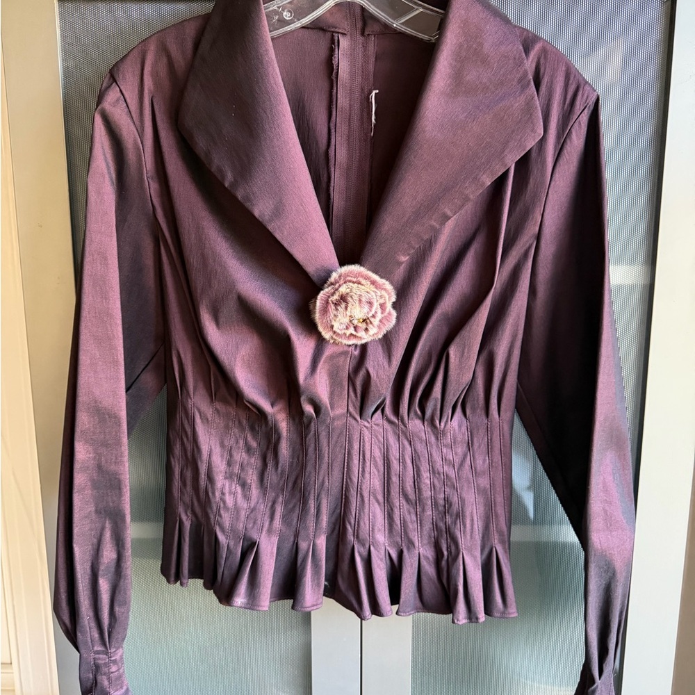 Elegant Purple Silk Pleated Blouse with Floral Accent